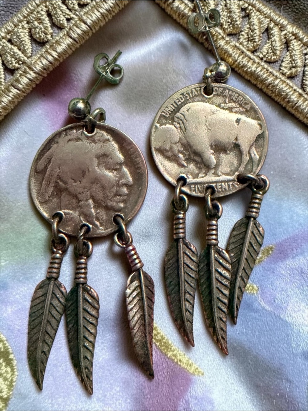 Buffalo Nickel Feather Dangle Earrings Southwestern Boho Western Artisan handm